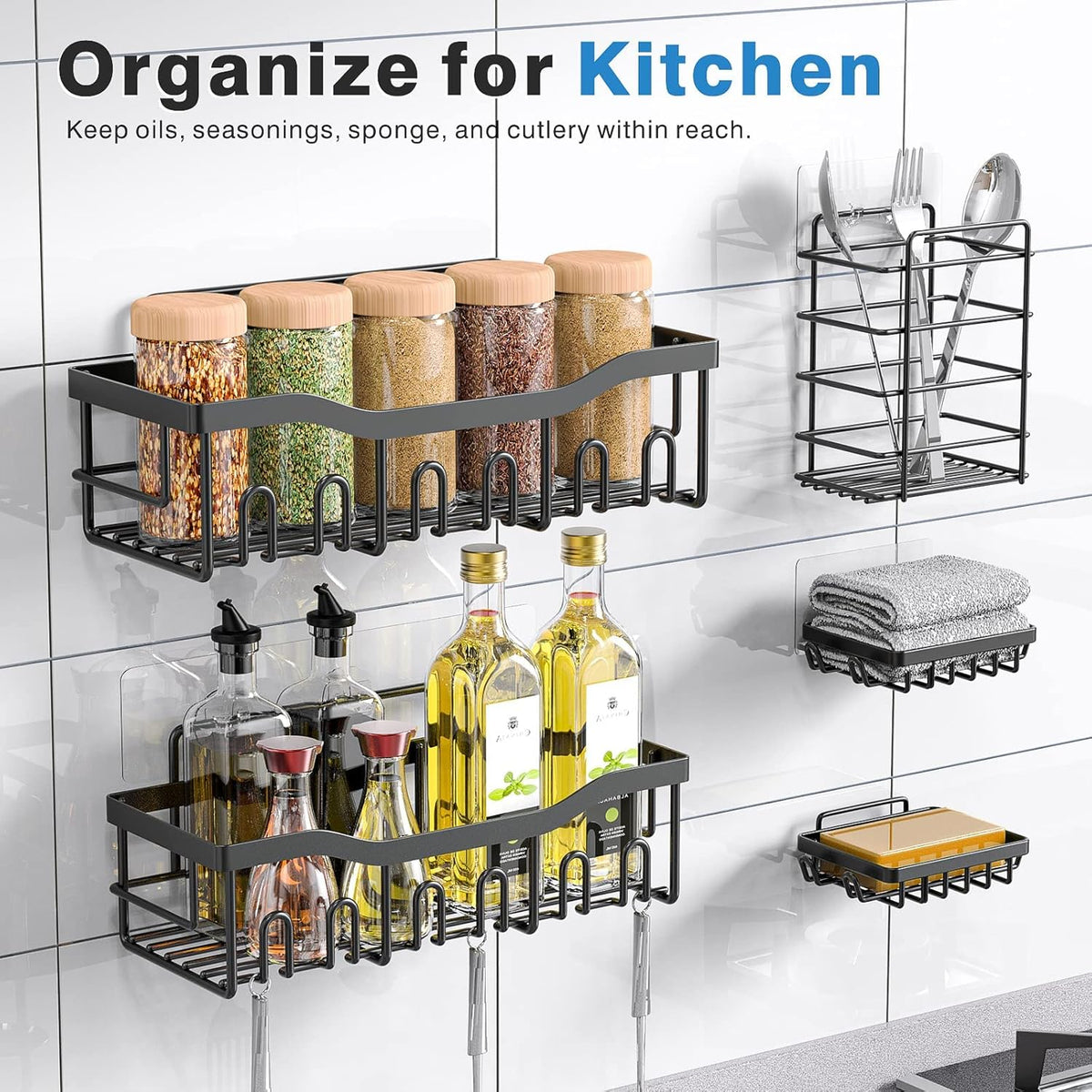 5-Pack Rustproof Stainless Steel Shower Caddy Set– No Drill Adhesive Bathroom Organizer, Space-Saving Shower Shelves for Apartment Essentials