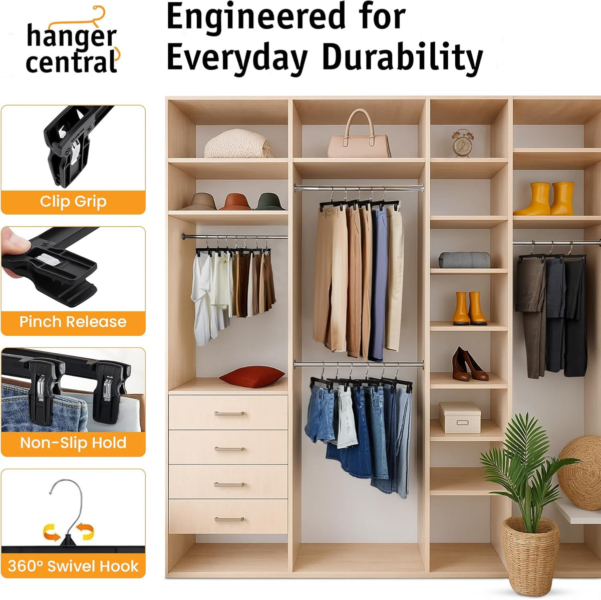 Hanger Central 30 Pack Pants Hangers – 12 Inch Slim Plastic Clothes Hangers with Clips for Skirts, Shorts & Trousers – Non Slip Grip, Heavy Duty
