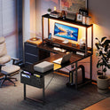 AODK L Shaped Desk Gaming Desk with LED Light & Power Outlet, 53 Inch Reversible L Shaped Computer Table with Shelf & Storage Bag & Hook for Home