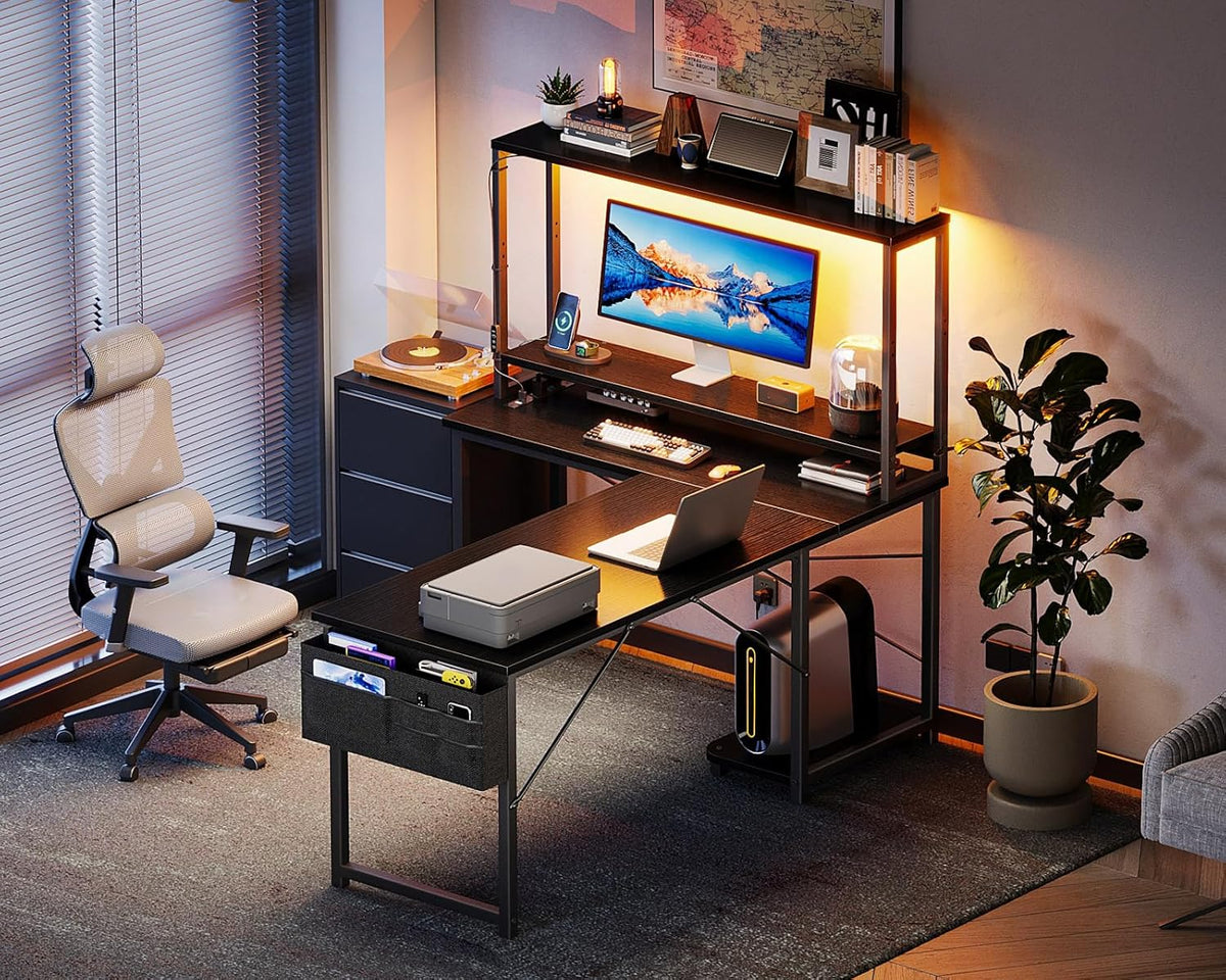 AODK L Shaped Desk Gaming Desk with LED Light & Power Outlet, 53 Inch Reversible L Shaped Computer Table with Shelf & Storage Bag & Hook for Home