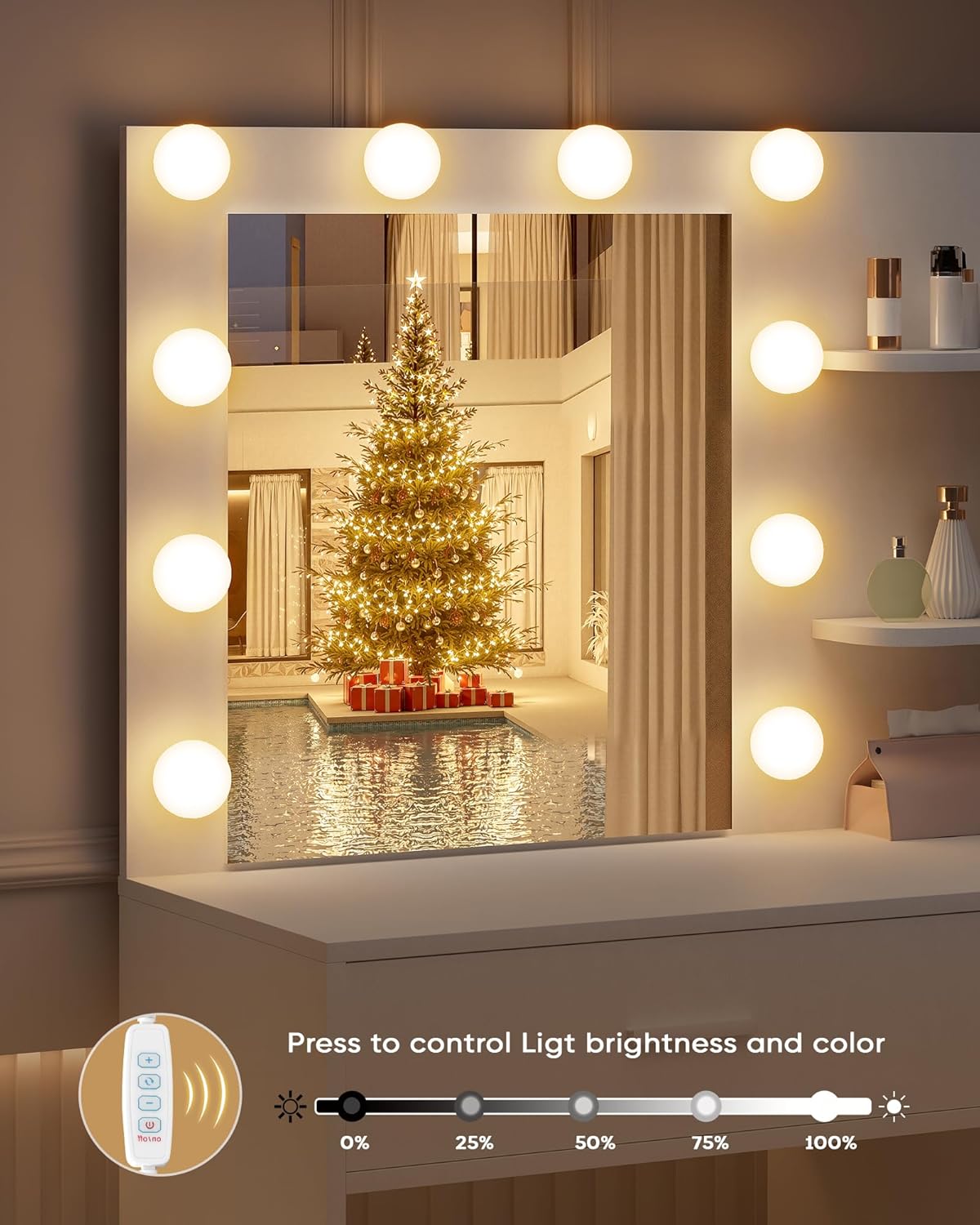 Lighted Makeup Vanity Desk, 35.4“W x 15.7'”D x 54“H, White (with Lights and Mirror, Dimming Function, 2 Drawers and 1 Cabiniet, Open Shelves) by