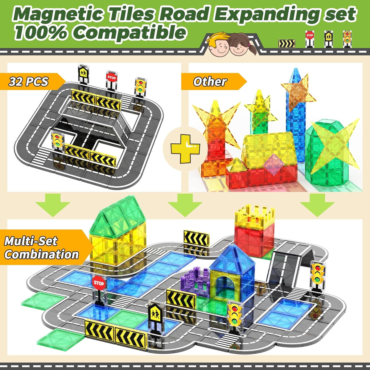 Magnetic Tiles Road Expansion Set, STEM Magnetic Building Blocks for Kids Ages 3-5 4-8 5-7, Preschool Learning Sensory Kids Toys for Toddler Birthday