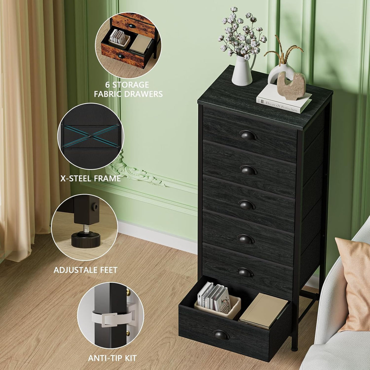 Furnulem Tall Dresser with 6 Drawers,Vertical Bedside End Table & Chest for Bedroom,Black Storage Tower Dorm Nightstand with Fabric Drawer Organizer