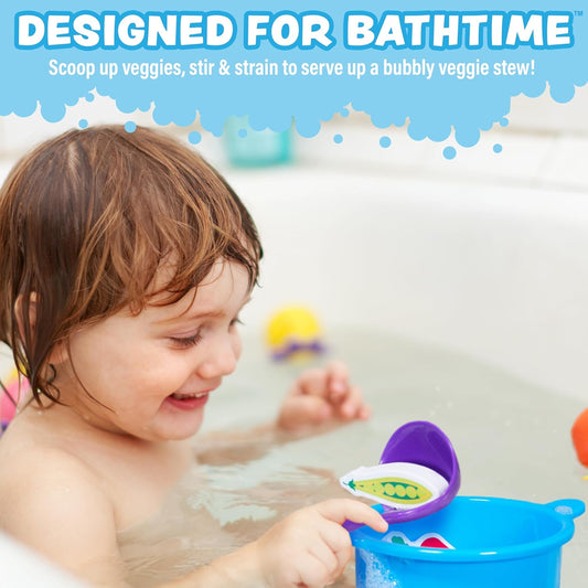 Tub Works® Tub Soup™ Scoop, Strain & Play Toddler Bath Toy | Floating Foam Veggies, Ladle for Scooping & Soup Pot for Straining | Pretend Play