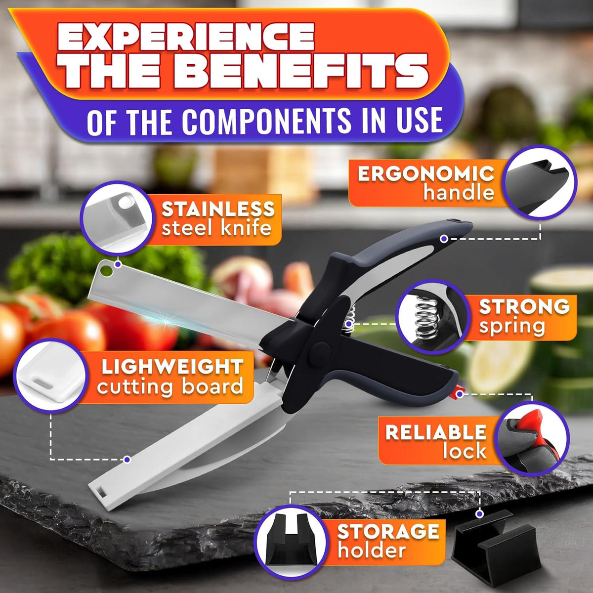 2 in 1 Kitchen Scissors for Food – Stainless Steel Blade & Plastic Cutting Board Scissors with Safety Lock | 9.6" Tomato Knife, Fruit & Vegetable