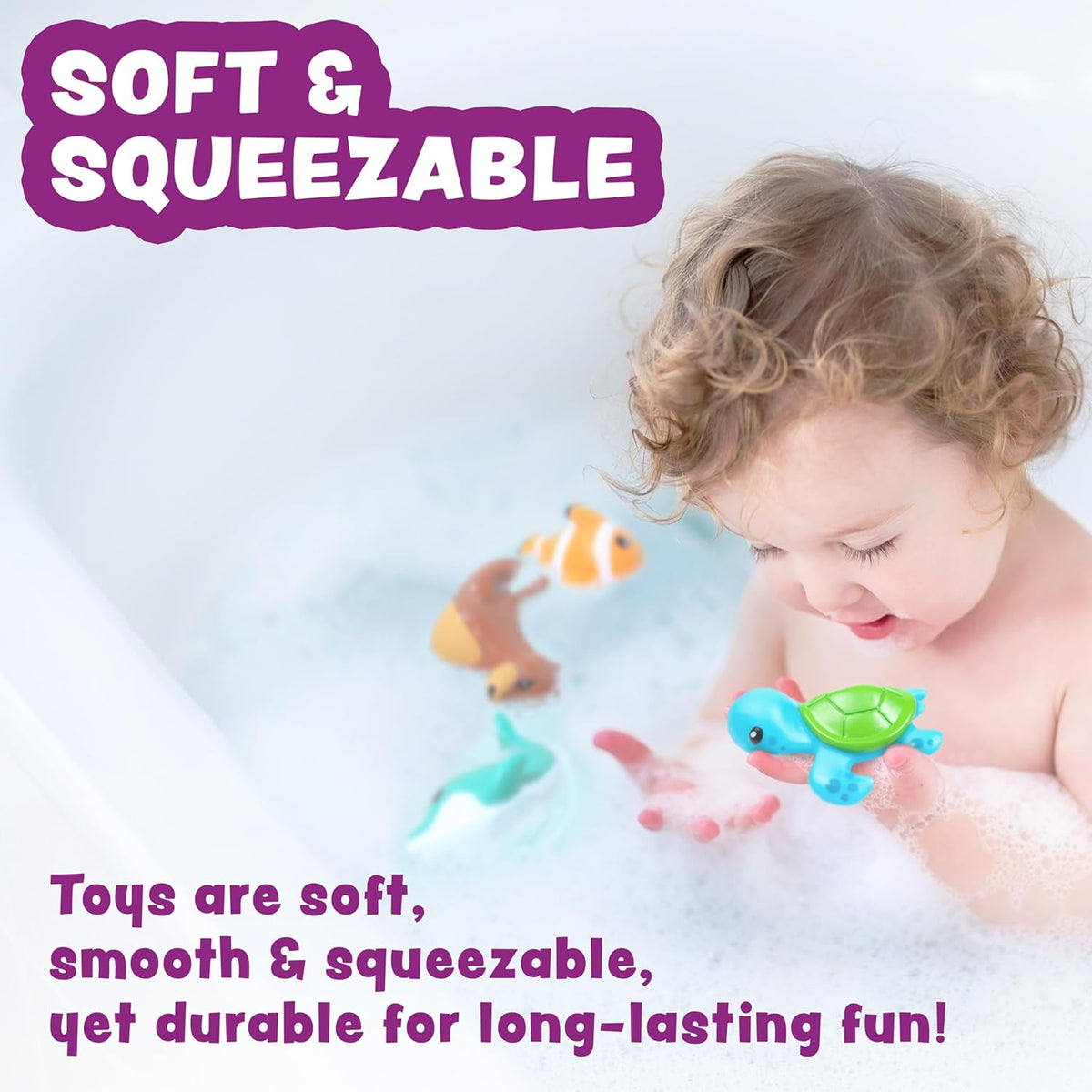 Tub Works® Marine™ Mold Free Bath Toys, 6 Pack | Sealed, No Hole Bath Toys Design Keeps Moisture Out | Soft, Squeezable & Float on Water | Easy-Grip