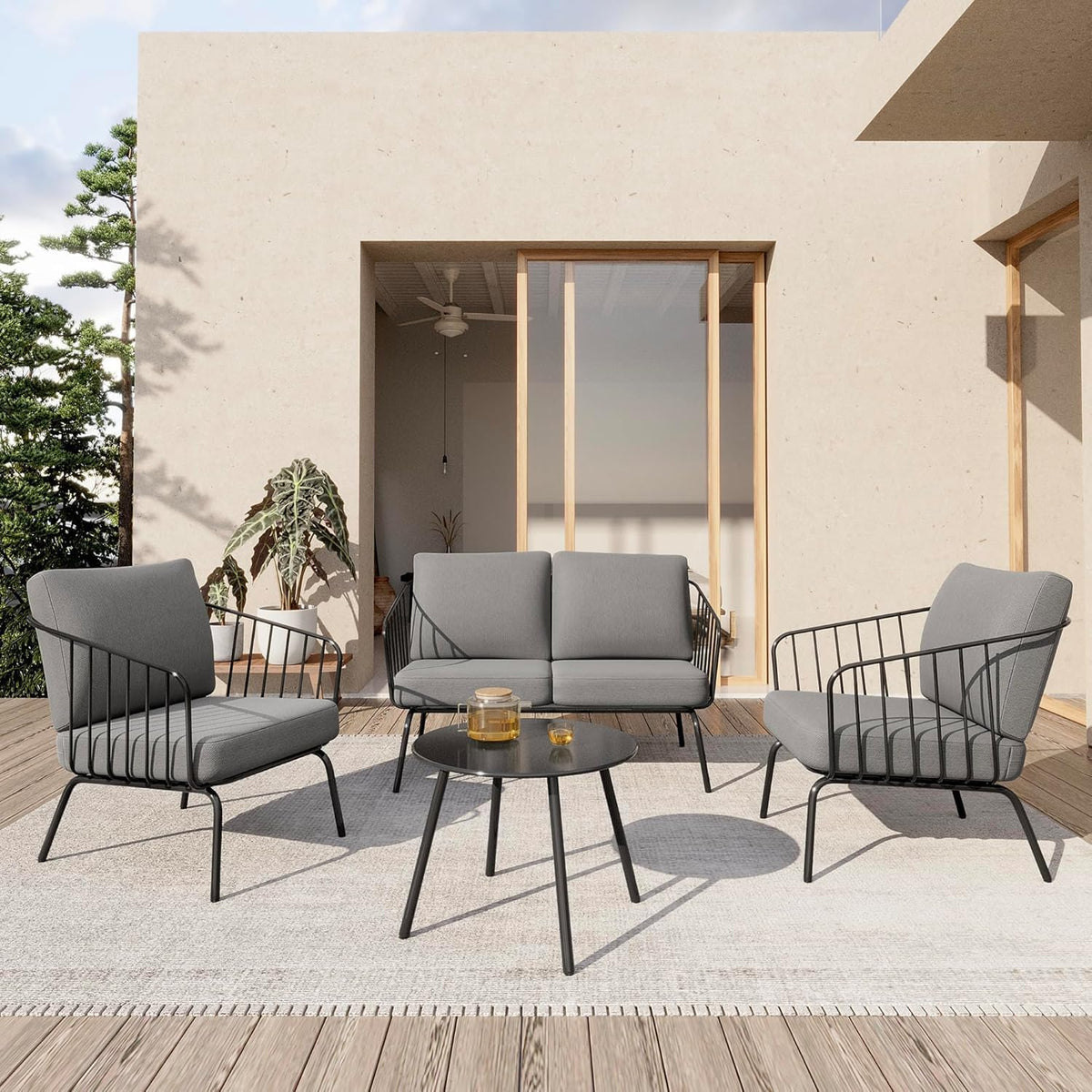 EAST OAK 4-Piece Plaza Patio Furniture Set, Outdoor Furniture for Balcony, Poolside, and Yard, with Thick Cushion Sofa and Coffee Table, Modern Patio