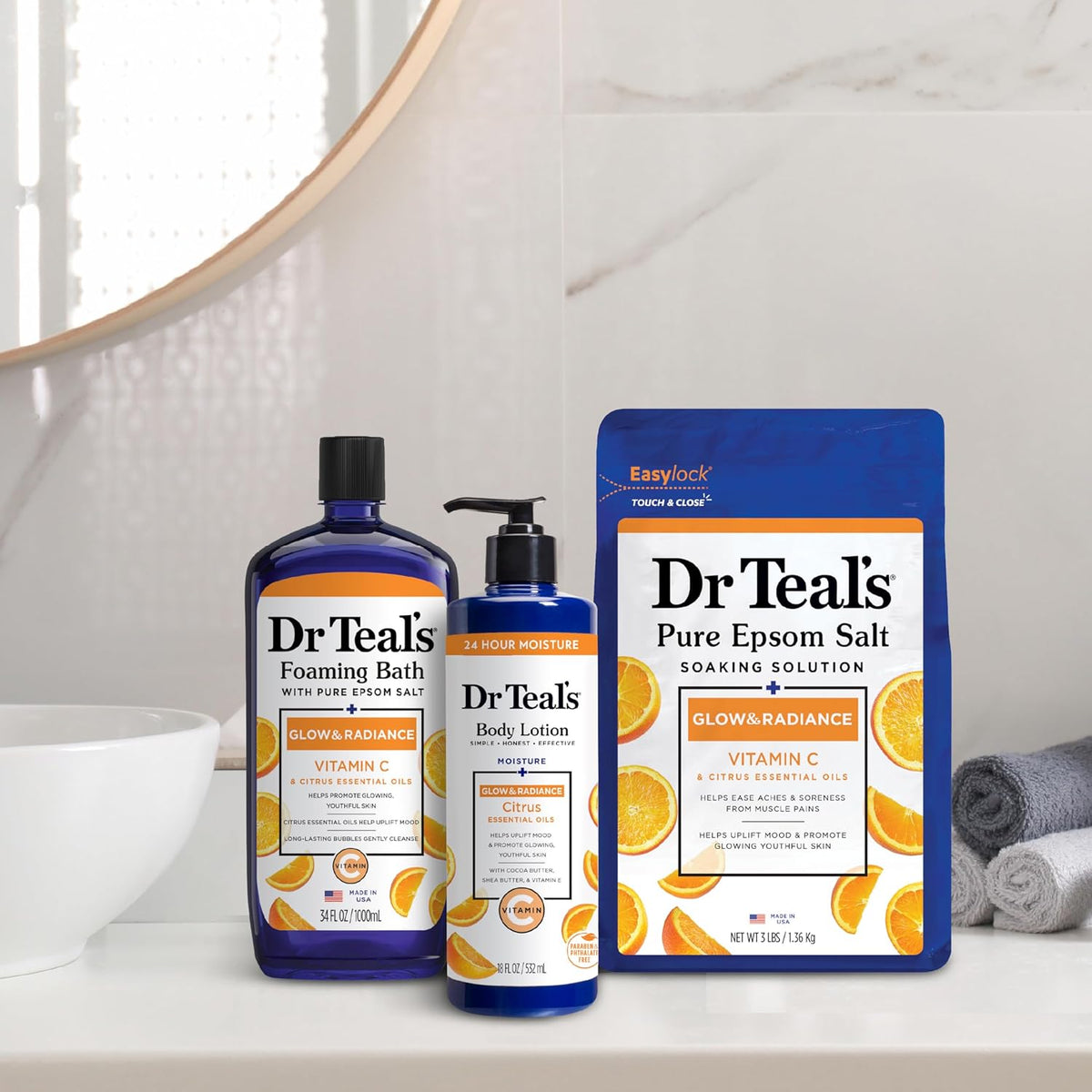 Dr Teal's Pure Epsom Magnesium Salt Soak, Glow & Radiance with Vitamin C & Citrus Essential Oils, 3 lbs