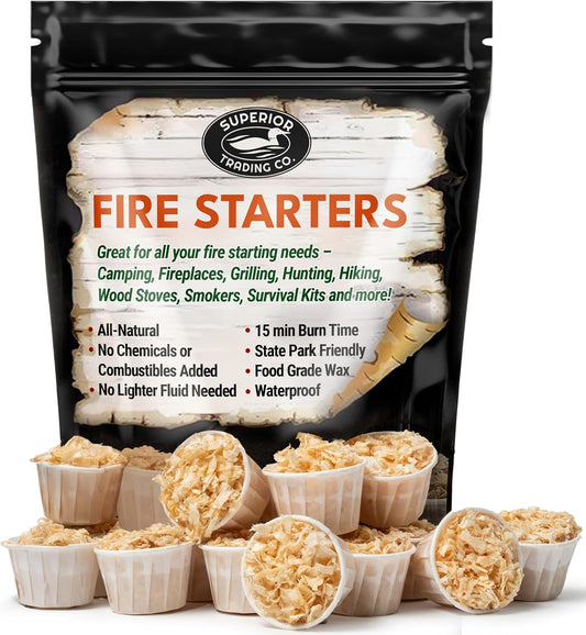 Superior Trading Fire Starter Pods in Resealable Packs - Fire Starters for Campfires, BBQ, Grill, Pit, Wood Stove & Charcoal Starter, 15-20-Min Burn