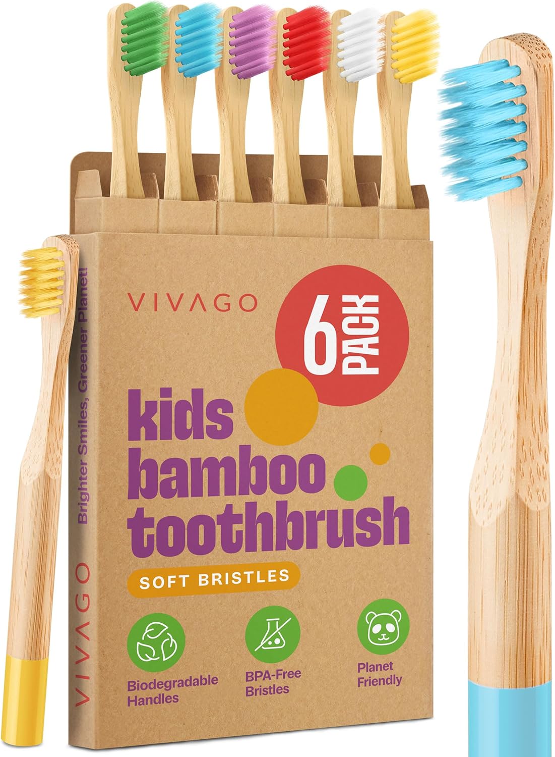 Kids Bamboo Toothbrushes 6 Pack - BPA Free Soft Bristles Toothbrushes for Kids - Children Toothbrush Set