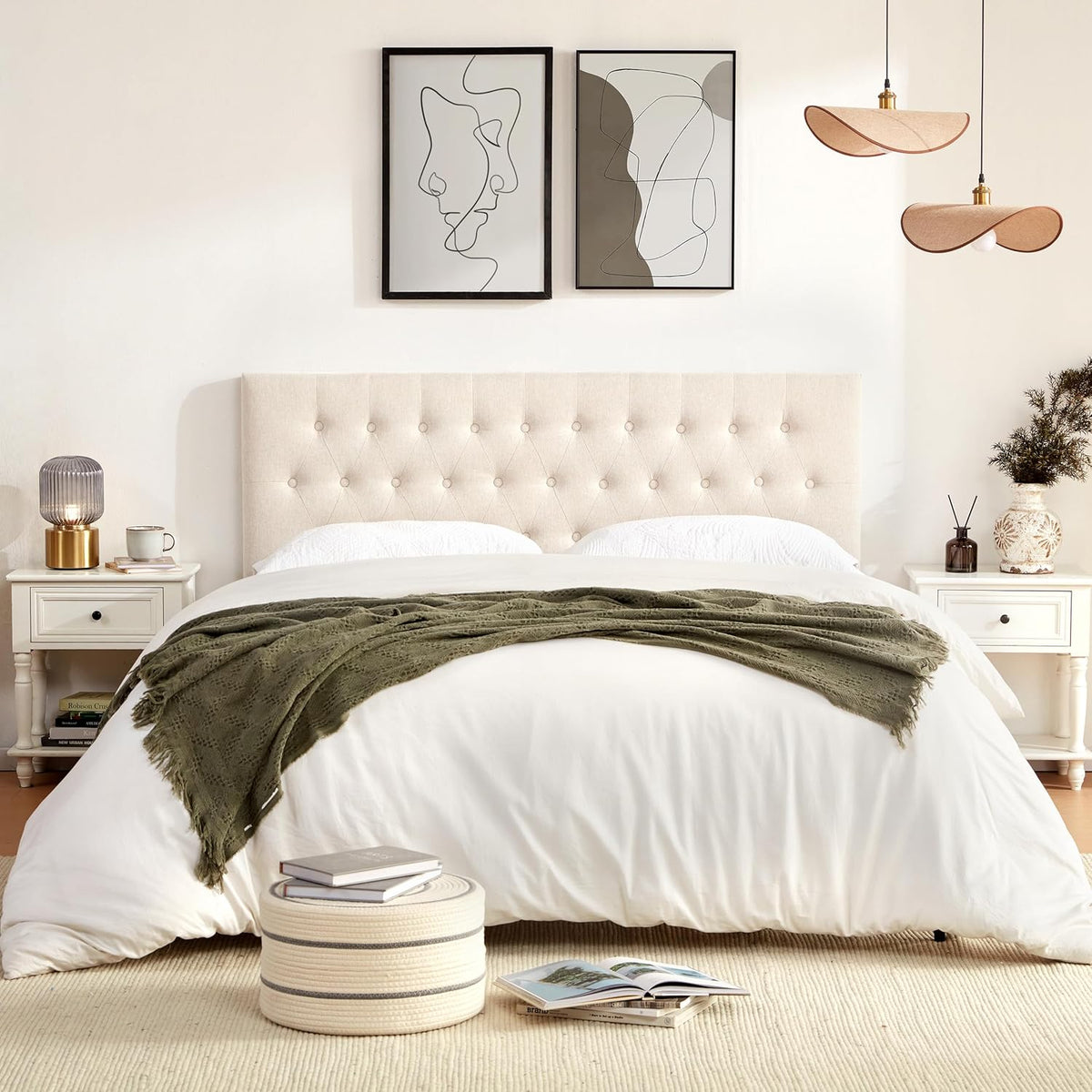 Tufted Upholstered Headboard Queen Size, Solid Wood Head Board with Durable Metal Legs, Adjustable Height Bed headboard from 37” to 51” Fabric