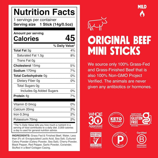Chomps Snack Size Grass-Fed Original Beef Jerky Snack Sticks 0.5oz 24-Pack - Keto, Paleo, Whole30, 4g Lean Meat Protein, Gluten-Free, Zero Sugar