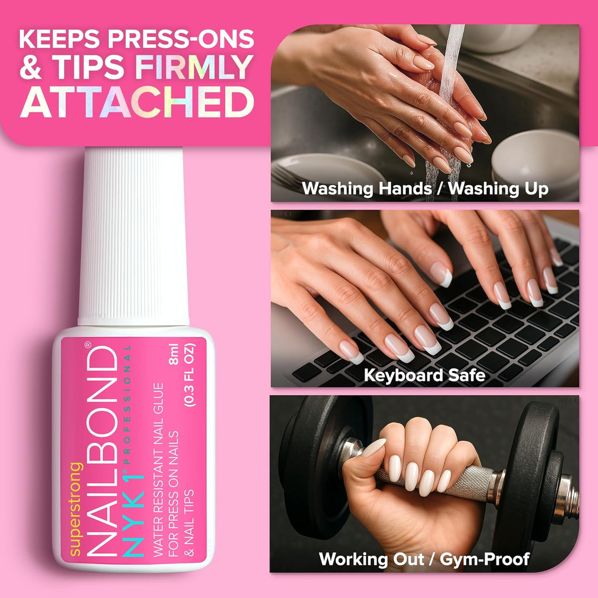 Super Strong Nail Glue for Press On Nails, Nail Tips & Acrylic Nails (8ml) NYK1 NailBond Brush On Glue for Press Ons, Tips & Acrylics - Long Lasting