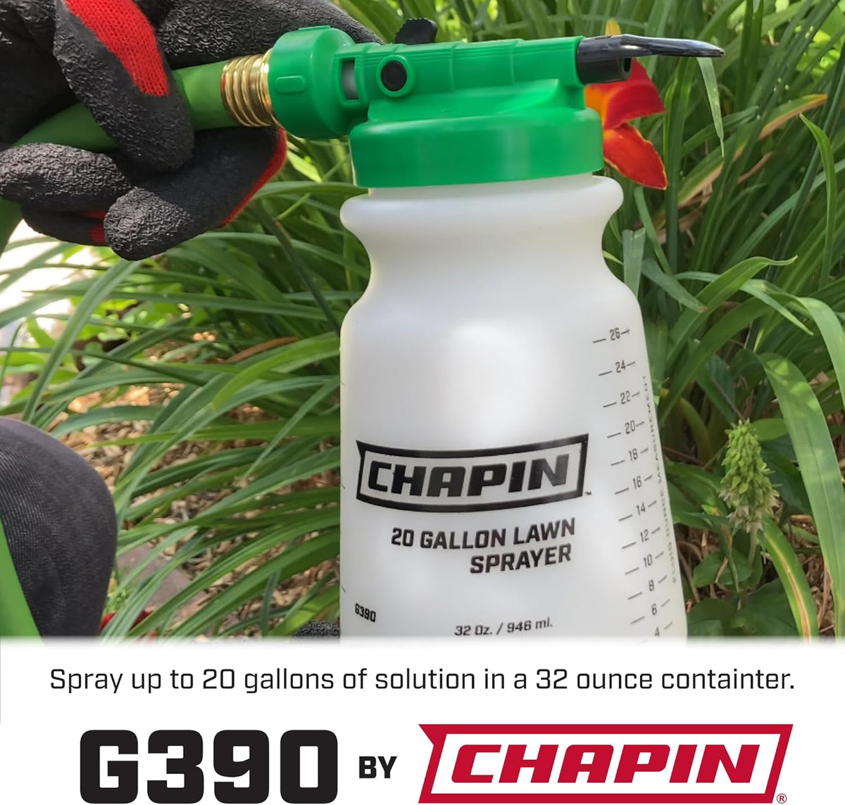 Chapin G390 Hose End Sprayer for Water Soluble Materials, 20 Gallon, 32 Ounce Tank, Finger Control and Backflow Prevention, for Spraying Lawns