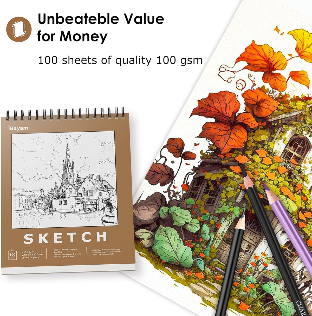 iBayam 9x12 Sketchbook, Spiral Bound Sketch Book for Kids, Teens Adults Artists Beginners, Drawing Supplies Art Supplies,100 Sheets (68lb/100gsm)