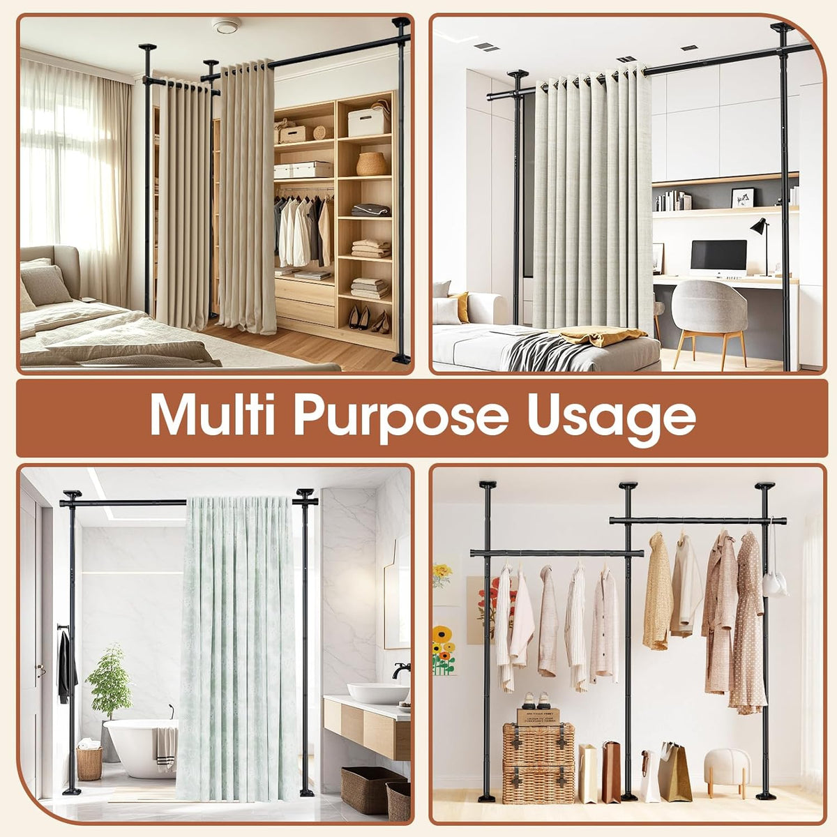 Room Divider No Drilling Curtain Rod Wall Divider for Room Separation, 4-10ft(H) 28-114inch(W) Adjustable, Heavy Duty Partition Space Separator