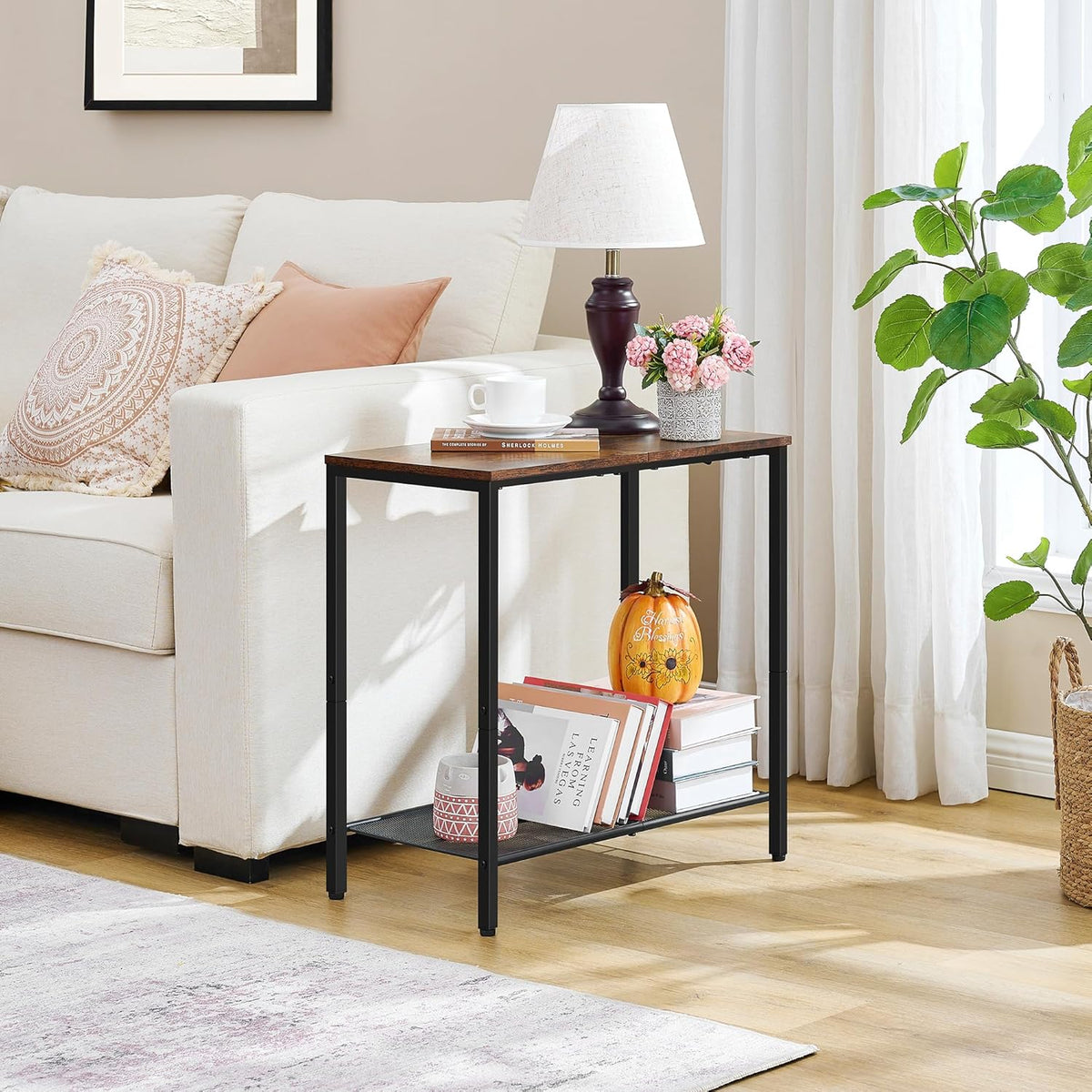 Hoctieon 2 Tier End Table, Sofa Side Table, Narrow Side Table with Storage, Slim Nightstand for Small Spaces, Metal Frame, for Living Room, Bedroom