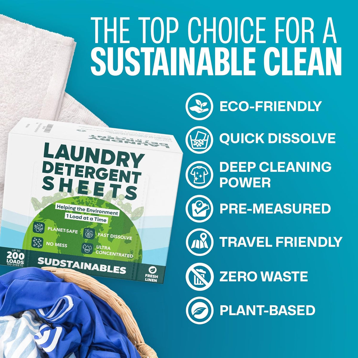 Sudstainables Laundry Detergent Sheets (200 Loads) – Eco-Friendly, Zero Waste, Plastic-Free Laundry Washing Machines Soap Sheets; Dissolvable