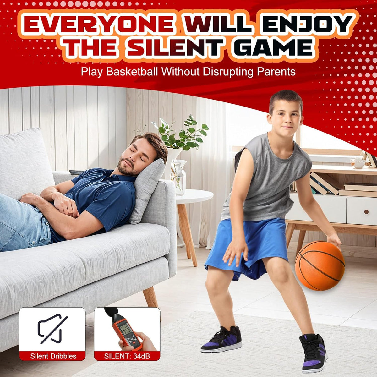 Silent Basketball Size 7 (29.5") – Grooved Airless Indoor Basketball for Quiet Dribbling and Indoor Training, Pro PU Foam Ball – Real Feel Higher