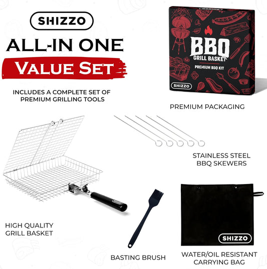 SHIZZO Grill Basket Set, Barbecue BBQ Grilling, Stainless Steel Folding Portable Outdoor Camping Rack for Fish, Shrimp, Vegetables, Cooking