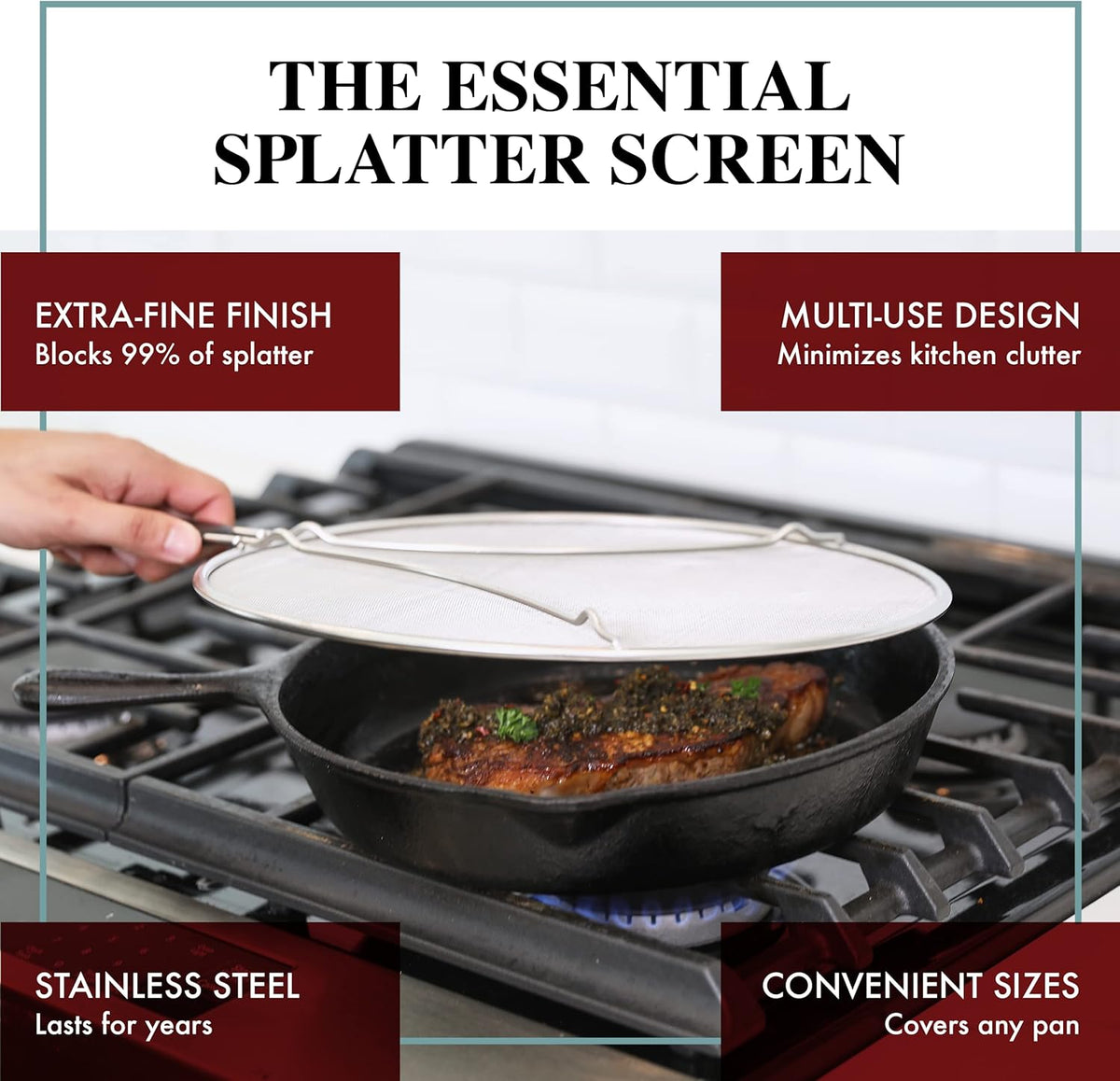 BergKoch Splatter Screen for Frying Pan - 13 Inch Stainless Steel Grease Splatter Guard - Cover Oil Splash when Sizzling Bacon, Cooking Fried Chicken