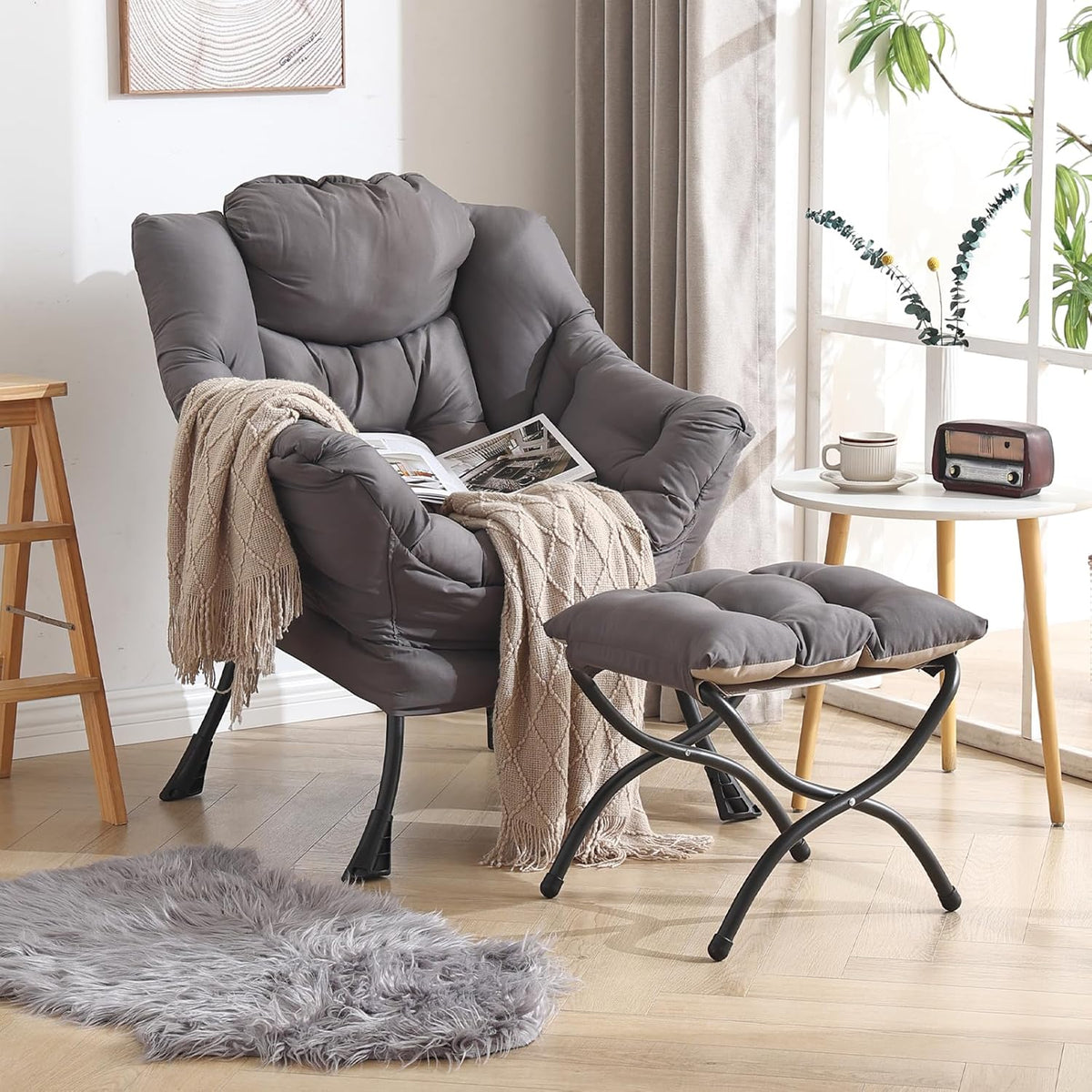 Welnow Lazy Chair with Ottoman, Modern Lounge Accent Chair with Armrests and a Side Pocket, Leisure Sofa Armchair, Reading Armchair with Footrest for
