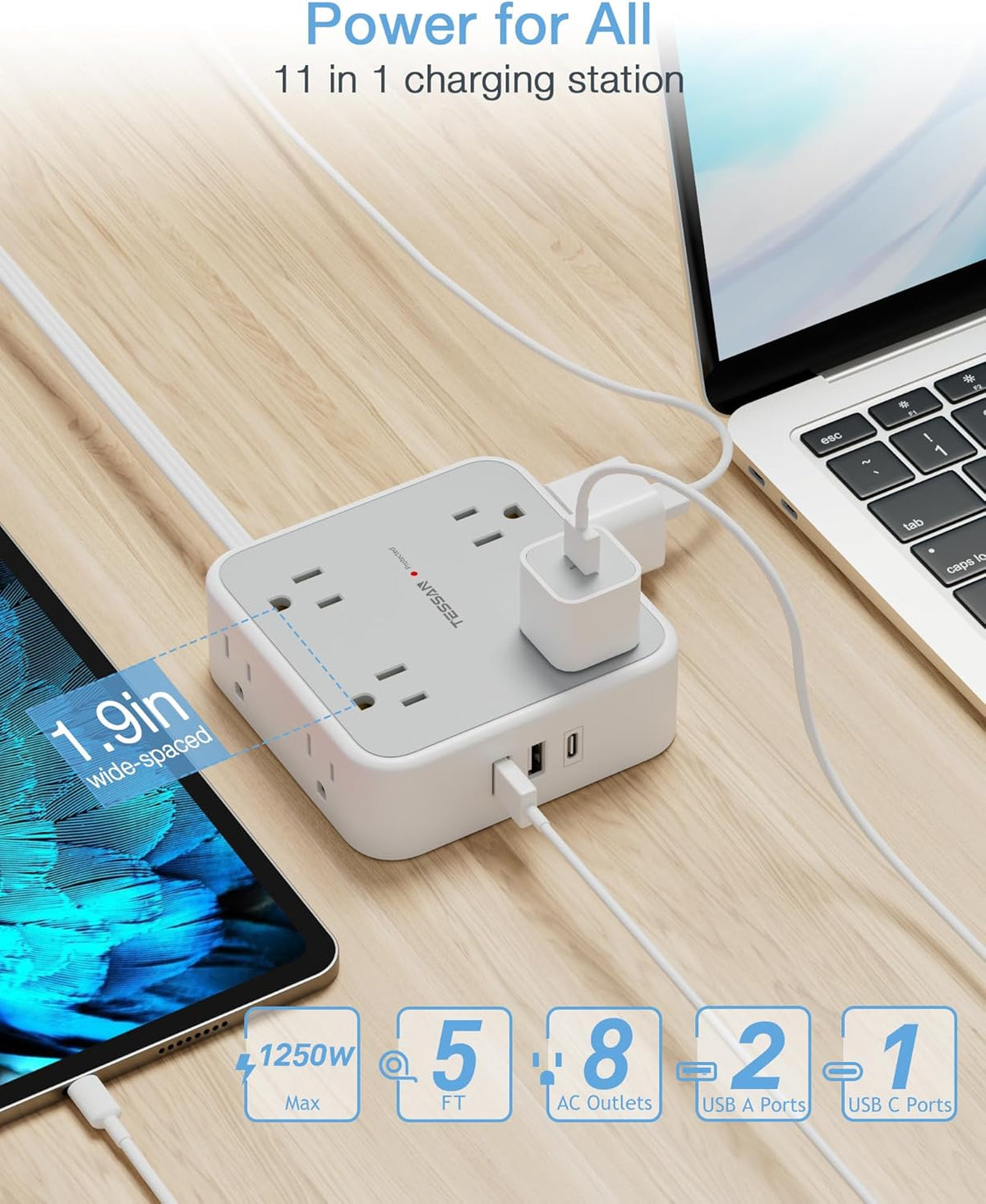 TESSAN Surge Protector Power Strip, 5 Ft Flat Plug Extension Cord with 3 USB (1 USB C) 8 Outlets, 1250W, 900J Protection, 3 Sided Outlet Extender