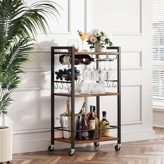 TUTOTAK Bar Cart, Home Bar Serving Cart with 3-Tier Shelf, Drink Cart with Wine Rack, Glass Holder, Rolling bar carts for The Home, Living Room