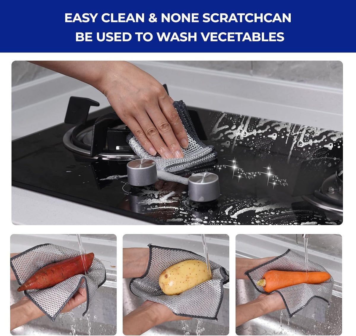 12 PCS 3-Layer Non-Scratch Multipurpose Steel Wire Dishcloths - Reusable Quick-Dry Odor-Free Scrub Cloths for Dishes, Kitchen Cleaning Cloths for