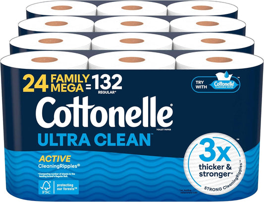 Cottonelle Ultra Comfort Toilet Paper with Cushiony CleaningRipples Texture, Strong Bath Tissue, 24 Family Mega Rolls = 108 Regular Rolls (4 Packs of