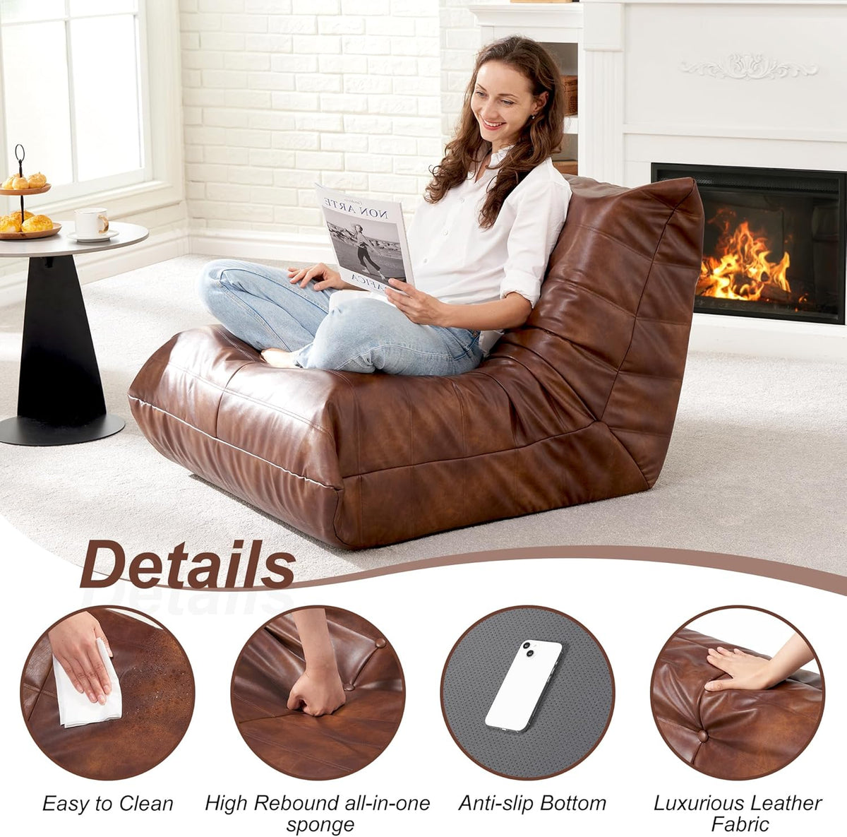 Hobestluk Giant Bean Bag Chair Lazy Floor Sofa, Memory Foam Fireside Sofa for Adults, Big Beanbag Faux Leather Armless Chair for Living Room Bedroom