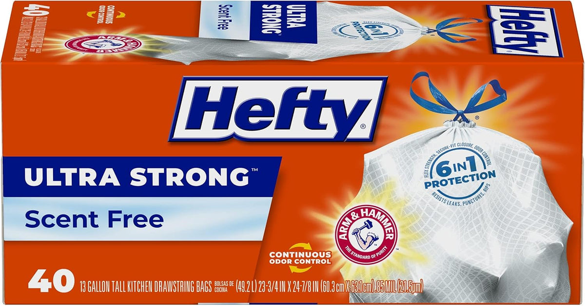 Hefty Ultra Strong 13 Gallon Trash Bags, Tall Kitchen Trash Bags 13 Gallon Size, Drawstring Closure, Continuous Odor Control, White, Unscented, 40