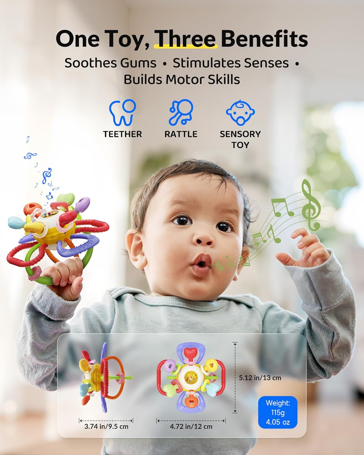 Baby Montessori Sensory Teething Toy – Safe, Multi-Functional BPA-Free Silicone Teether Toy for Babies 0-12 Months – Vibrant Rattle for Teething