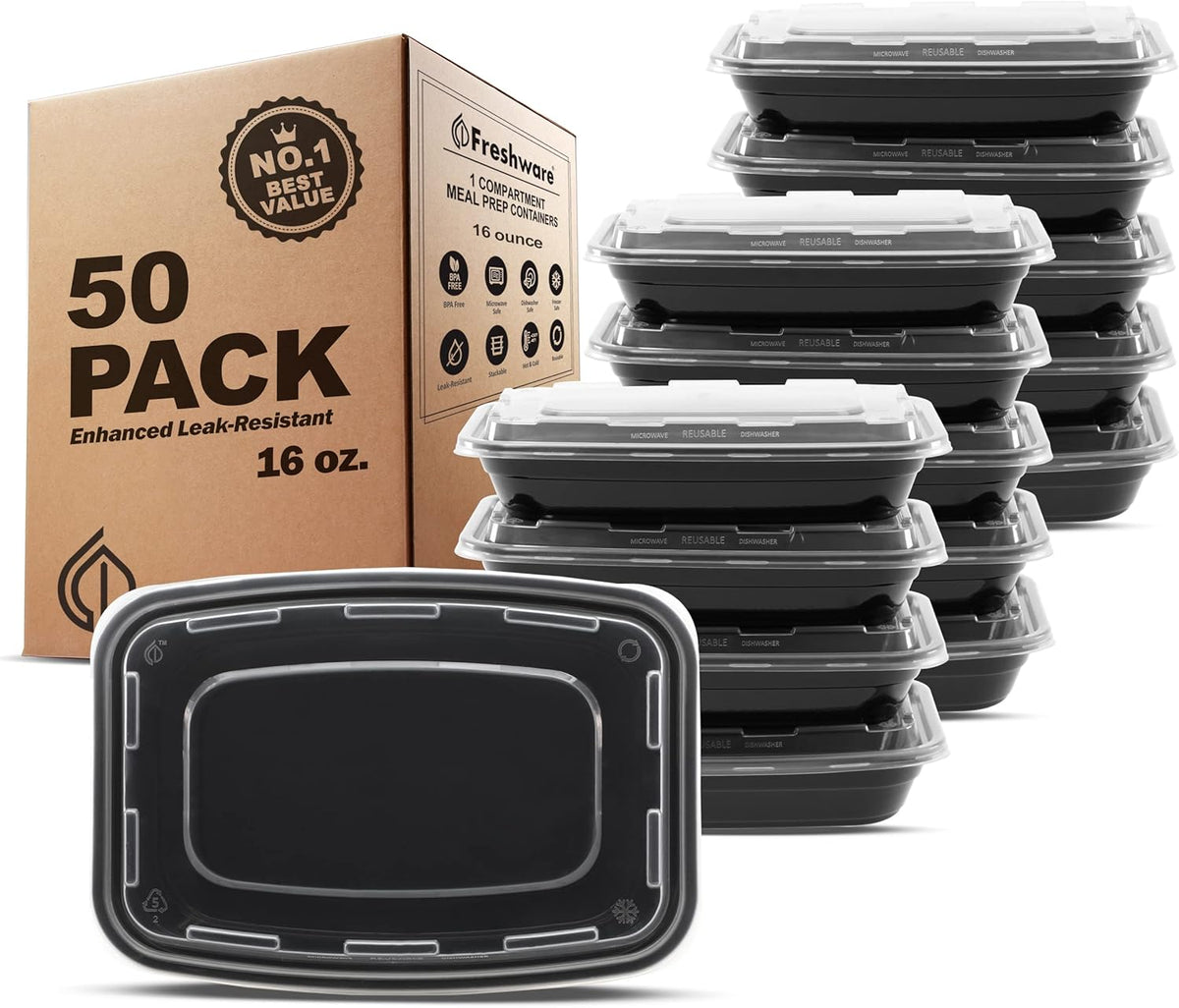 Freshware Meal Prep Containers [50 Pack] 1 Compartment Food Storage Containers with Lids, Bento Box, BPA Free, Stackable