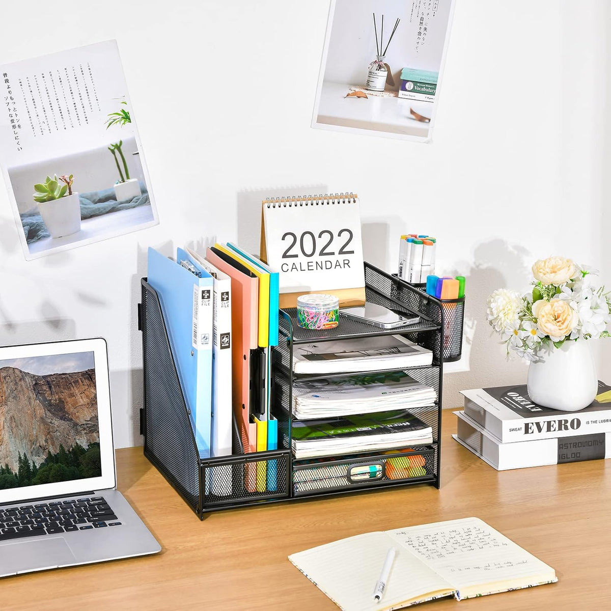 Marbrasse Desk Organizer with File Holder, 5-Tier Paper Letter Tray Organizer with Drawer and 2 Pen Holder, Mesh Desktop Organizer and Storage with
