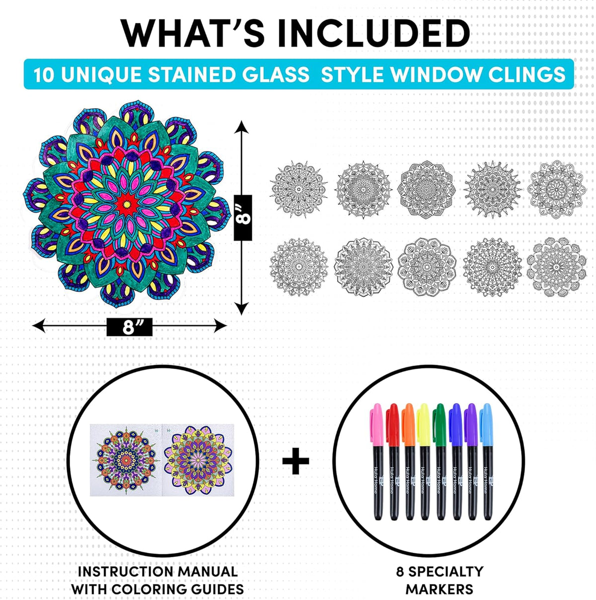 Hula Home Stained Glass Mandala Art Kit - DIY Window Clings with Markers, 10 Suncatchers - Perfect Hobby for Adults, Kids, Teens & Seniors - Ideal