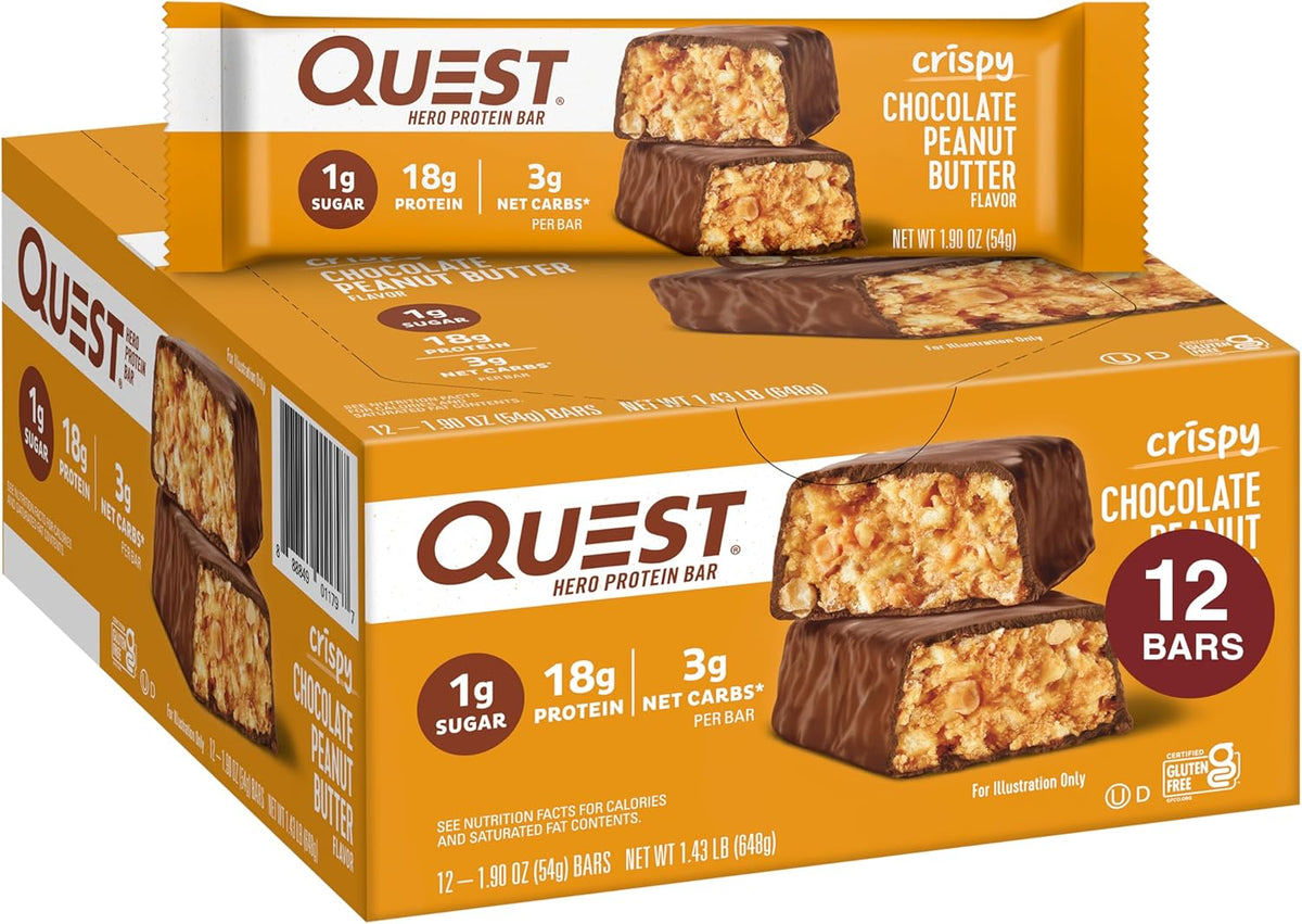 Quest Nutrition Crispy Chocolate Peanut Butter Hero Protein Bar, 18g Protein, 1g Sugar, 3g Net Carb, Gluten Free Protein Snack, Keto Friendly, 12