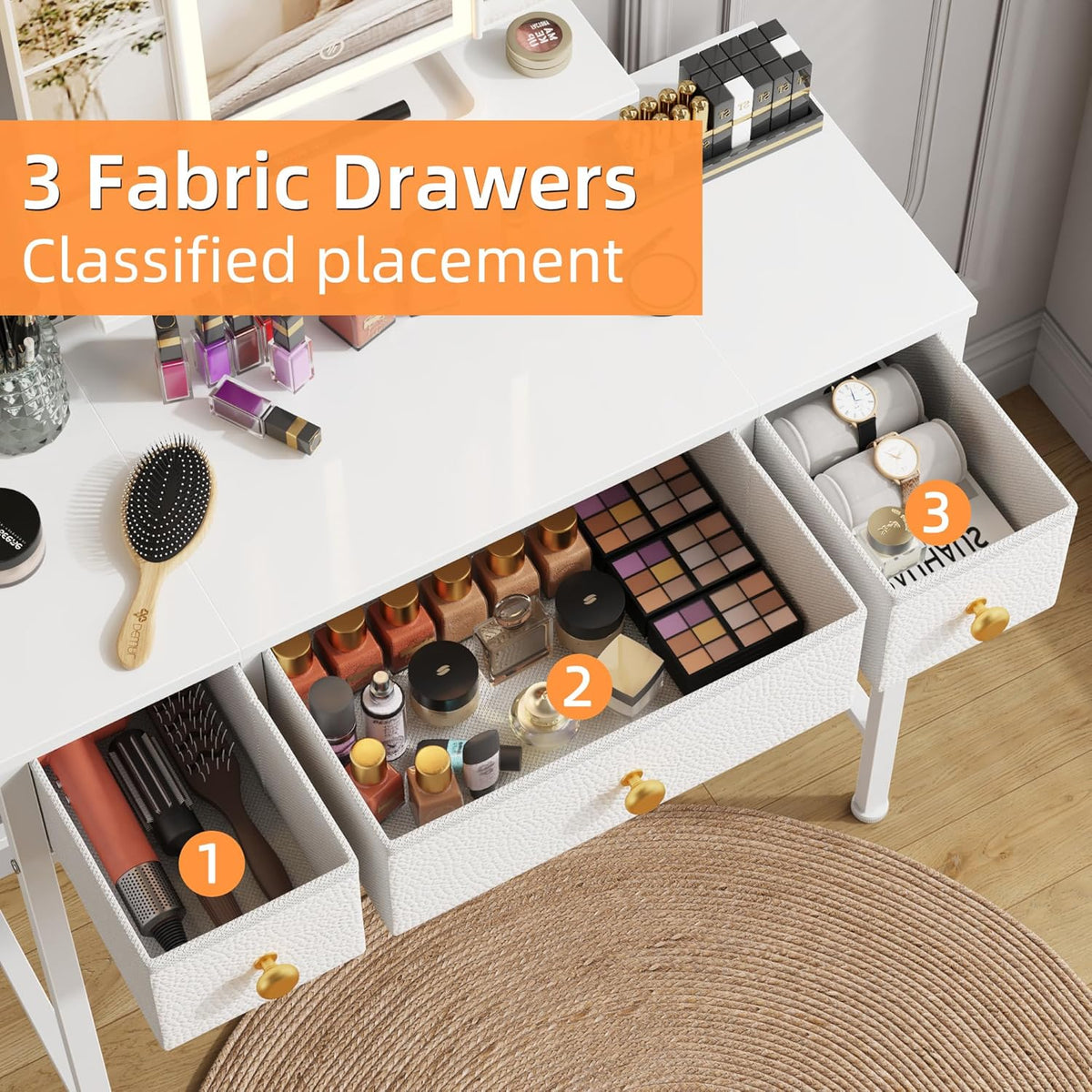 Small Makeup Vanity Desk 27.5''W with Mirror and Lights, Vanity Desk with 3 Fabric Drawers and Height-Adjustable Stand, Vanity Table for Girls Gifts