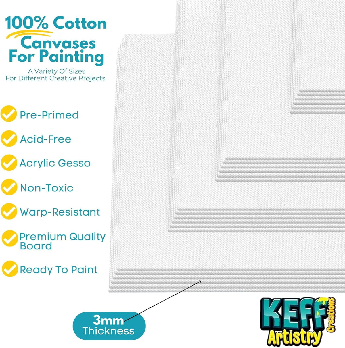 KEFF 24-Pack Canvas for Painting, 6 of 5x7, 8x10, 9x12,11x14 Painting Canvas Boards, Art Supplies for Adults & Kids - 100% Cotton Primed Canvases for
