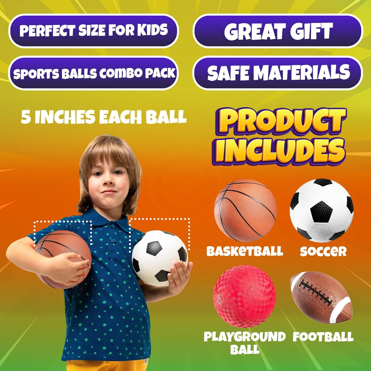 Bedwina Sports Balls for Kids & Toddlers - 5-inch Sports Balls Set Includes Football, Small Soccer Ball, Basketball, and Playground Balls, Fun