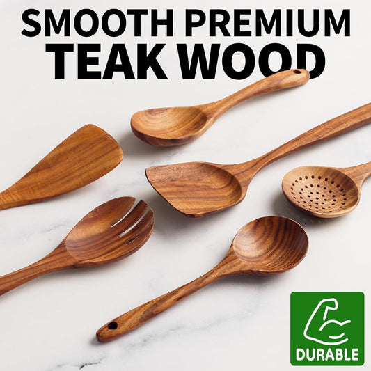Zulay Kitchen 6-Piece Wooden Spoons for Cooking - Smooth Finish Teak Wood Utensils - Soft Comfort-Grip Cooking Wood Spoons Non-Stick Teak