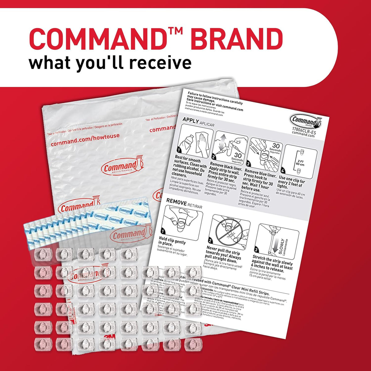 Command Indoor Mini Light Clips, 45 Clear Clips and 54 Command Strips, Damage Free Hanging Christmas Decorations, Wall Clips for Hanging Lights and