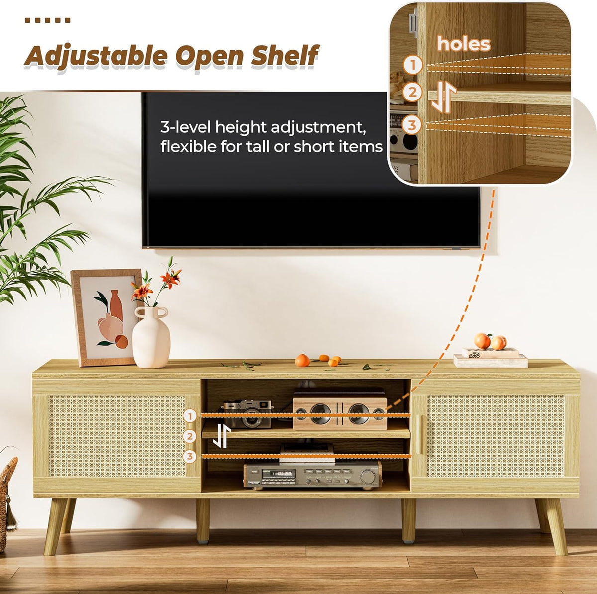 SUPERJARE Boho TV Stand for 65 Inch TV, Entertainment Center with Adjustable Shelf, Rattan TV Console with 2 Cabinets, Media Console, Solid Wood