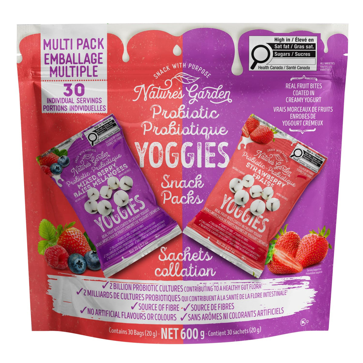 Nature's Garden Probiotic Yoggies Multi Pack, 21oz (Strawberry 15x0.7 oz + Mixed Berry 15x0.7 oz) Yogurt Covered Healthy Snack, High Fiber, Real