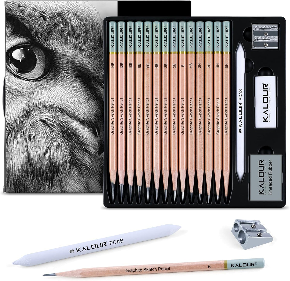 KALOUR 18-Piece Professional Sketch Pencil Set - Includes 5H to 14B Pencils, Vinyl Eraser, Kneaded Eraser,Sharpener and Paper Blending Stump - Ideal