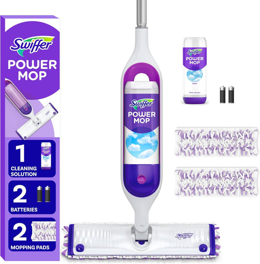 Swiffer PowerMop Multi-Surface Mop Kit for Floor Cleaning, Includes PowerMop, 2 Mopping Pad Refills, 1 Cleaning Solution with Fresh Scent and 2