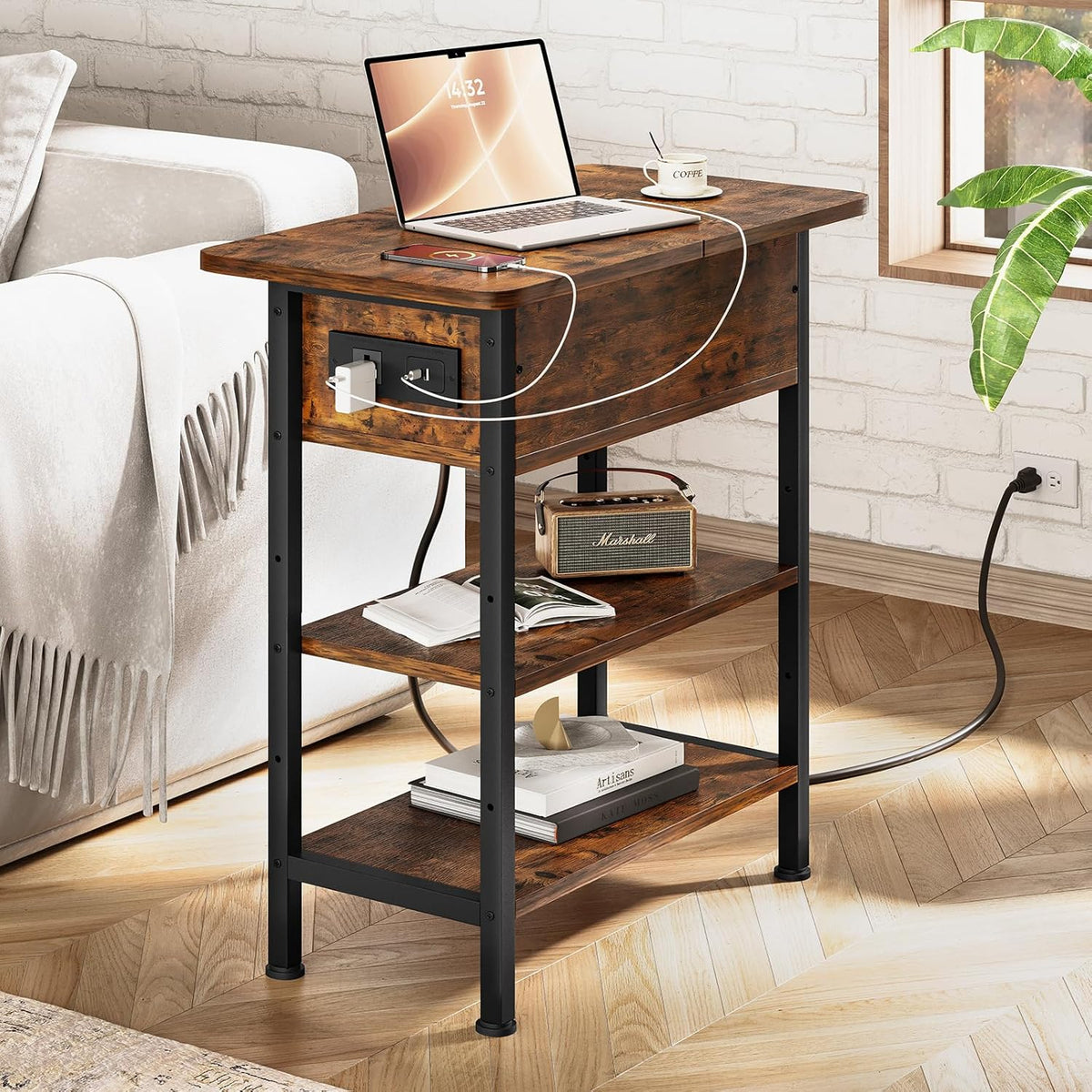 End Table with Charging Station, Flip Top Side Table with USB Ports and Outlets, 3-Tier Small Side Table with Storage for Small Space, End Tables for