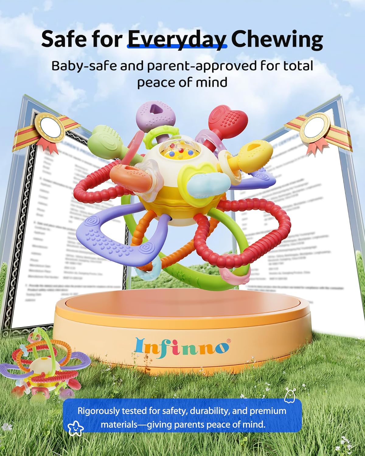 Baby Montessori Sensory Teething Toy – Safe, Multi-Functional BPA-Free Silicone Teether Toy for Babies 0-12 Months – Vibrant Rattle for Teething