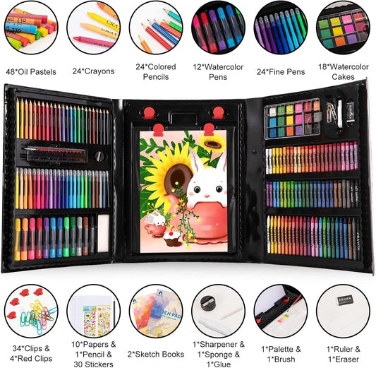 VigorFun Art Supplies, 240-Piece Art Set Crafts Drawing Kits with Double Sided Trifold Easel, Sketch Pads, Crayons, Colored Pencils, Gifts for Kids