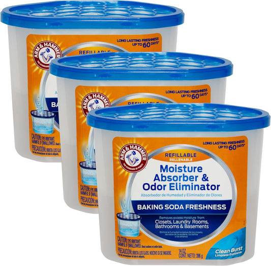 Arm & Hammer Clean Burst Moisture Absorber and Odor Eliminator Tubs, 14 oz, 3 Pack, Attract and Trap Excess Moisture, Eliminate Musty Odors